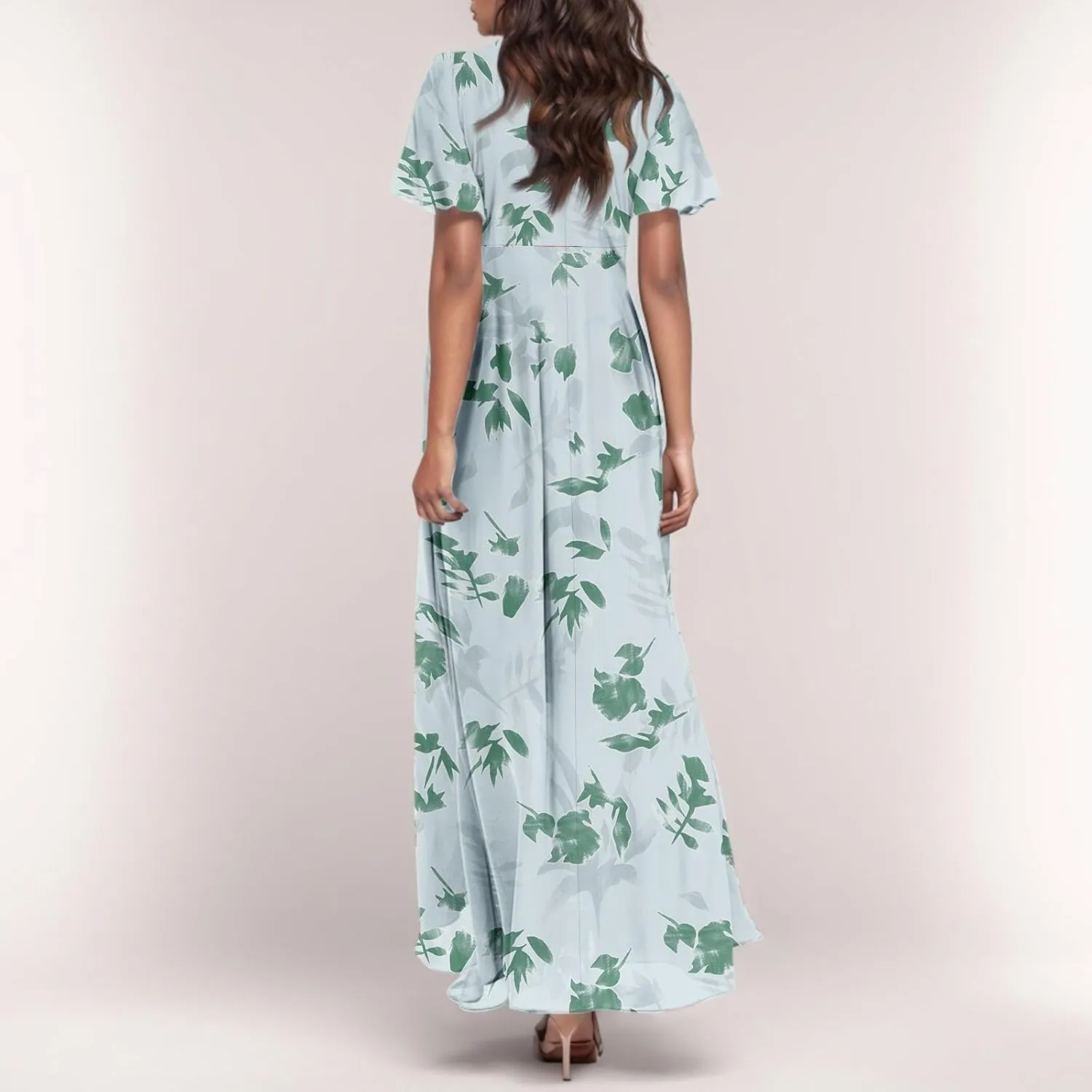 Women's Flowy Floral Print Chiffon Dress - Green, Plus Size Bohemian Dresses, Midi Length, Spring/Summer