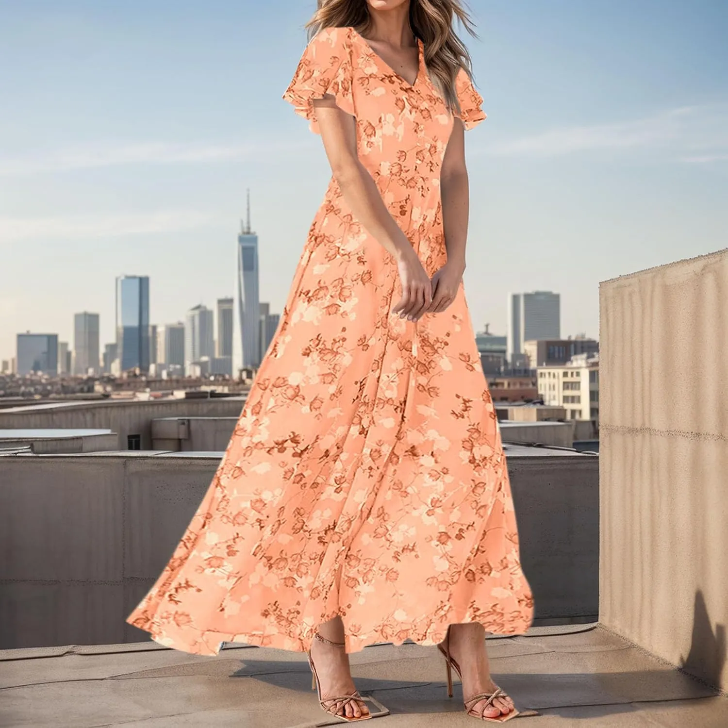 Women's Flowy Floral Print Chiffon Dress - Green, Plus Size Bohemian Dresses, Midi Length, Spring/Summer
