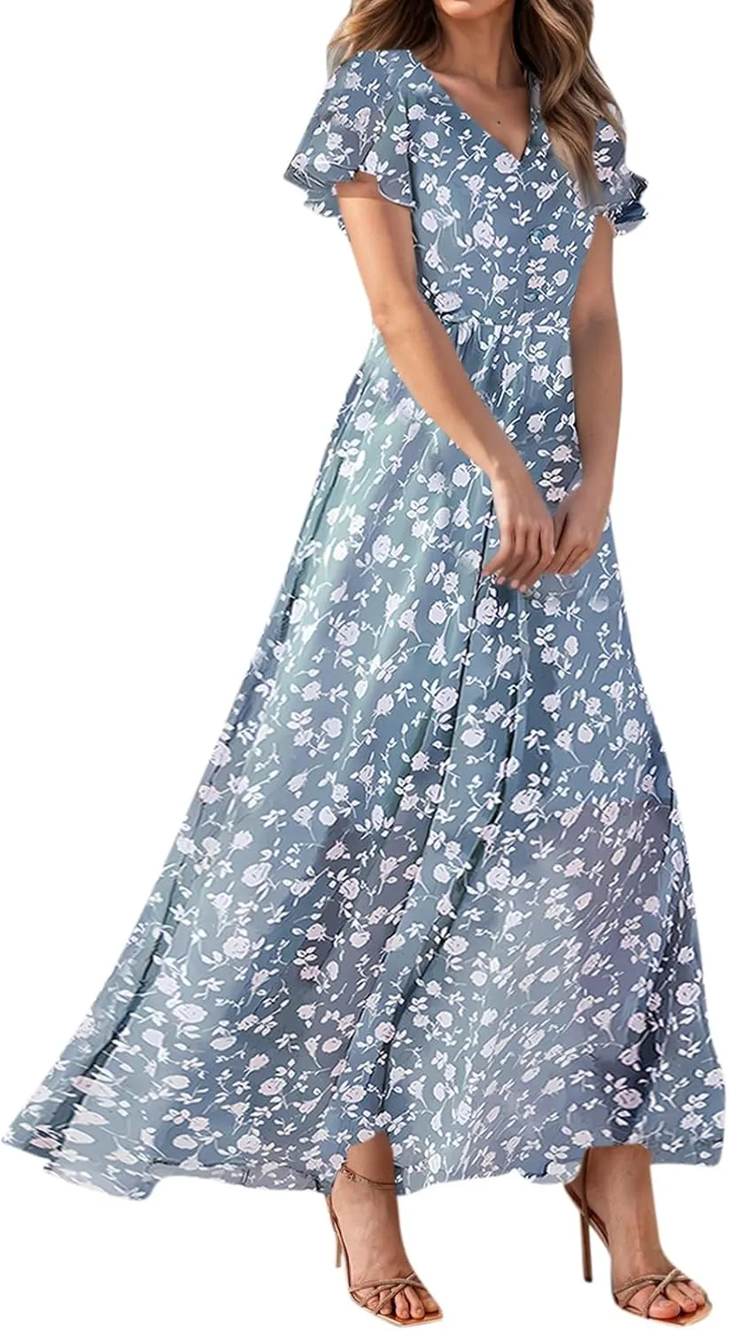 Women's Flowy Floral Print Chiffon Dress - Green, Plus Size Bohemian Dresses, Midi Length, Spring/Summer
