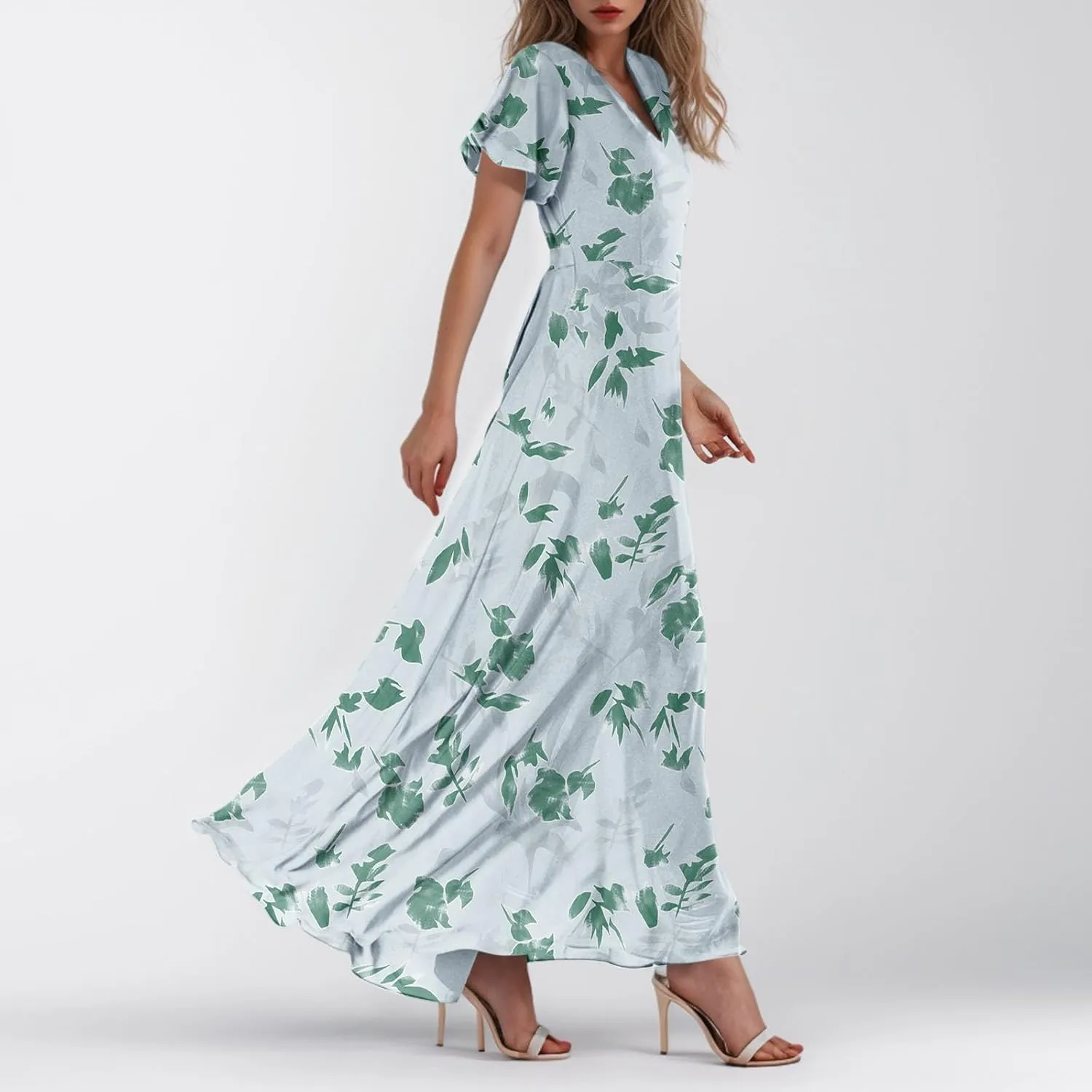 Women's Flowy Floral Print Chiffon Dress - Green, Plus Size Bohemian Dresses, Midi Length, Spring/Summer