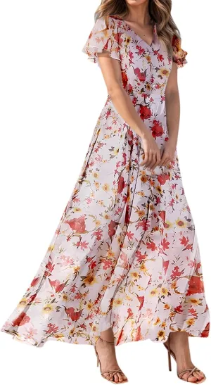 Women's Flowy Floral Print Chiffon Dress - Green, Plus Size Bohemian Dresses, Midi Length, Spring/Summer