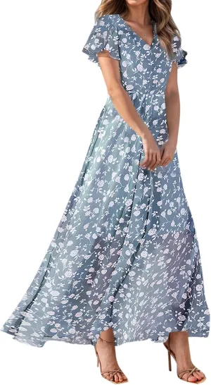 Women's Flowy Floral Print Chiffon Dress - Green, Plus Size Bohemian Dresses, Midi Length, Spring/Summer