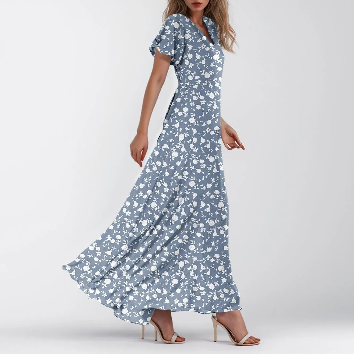 Women's Flowy Floral Print Chiffon Dress - Green, Plus Size Bohemian Dresses, Midi Length, Spring/Summer