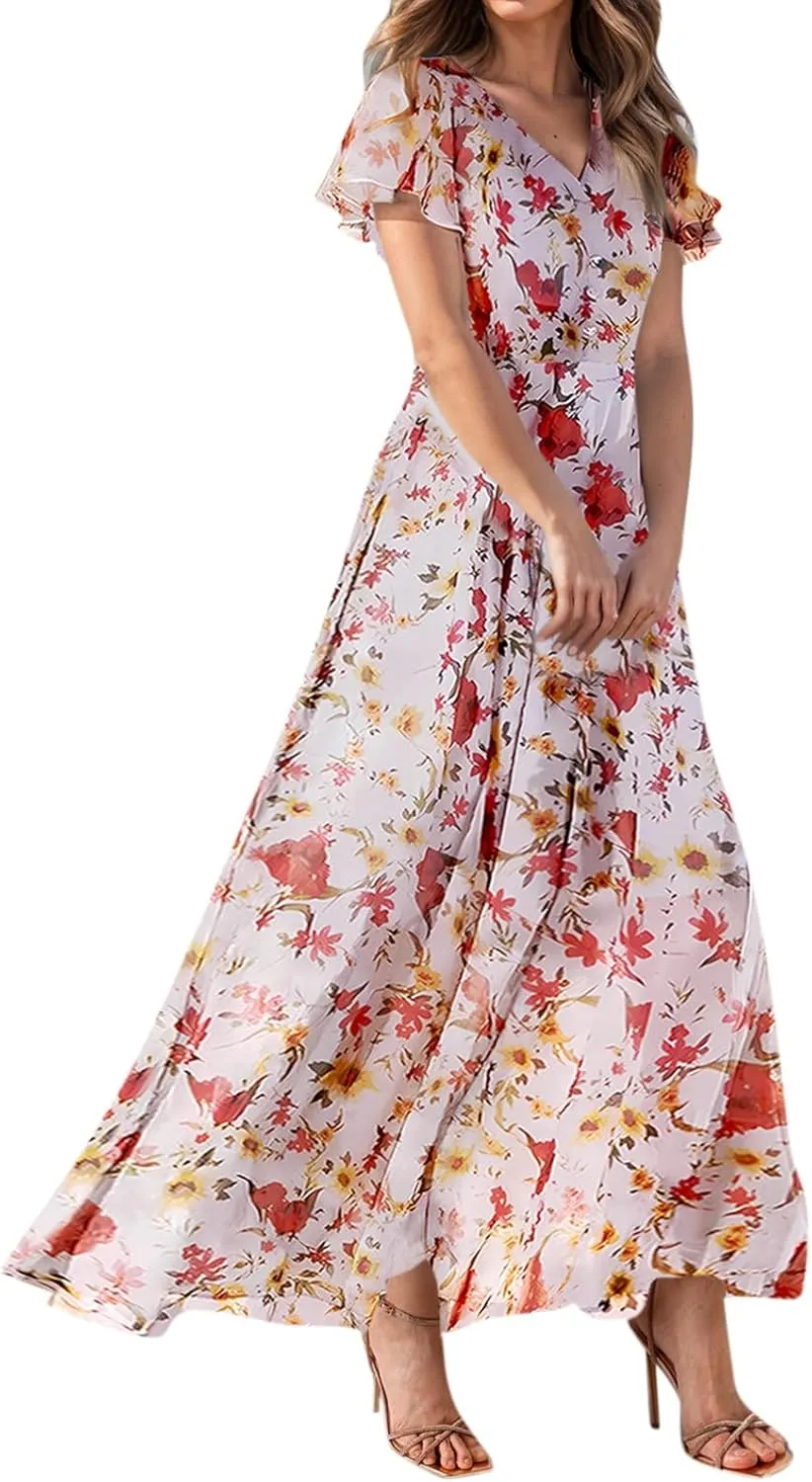 Women's Flowy Floral Print Chiffon Dress - Green, Plus Size Bohemian Dresses, Midi Length, Spring/Summer