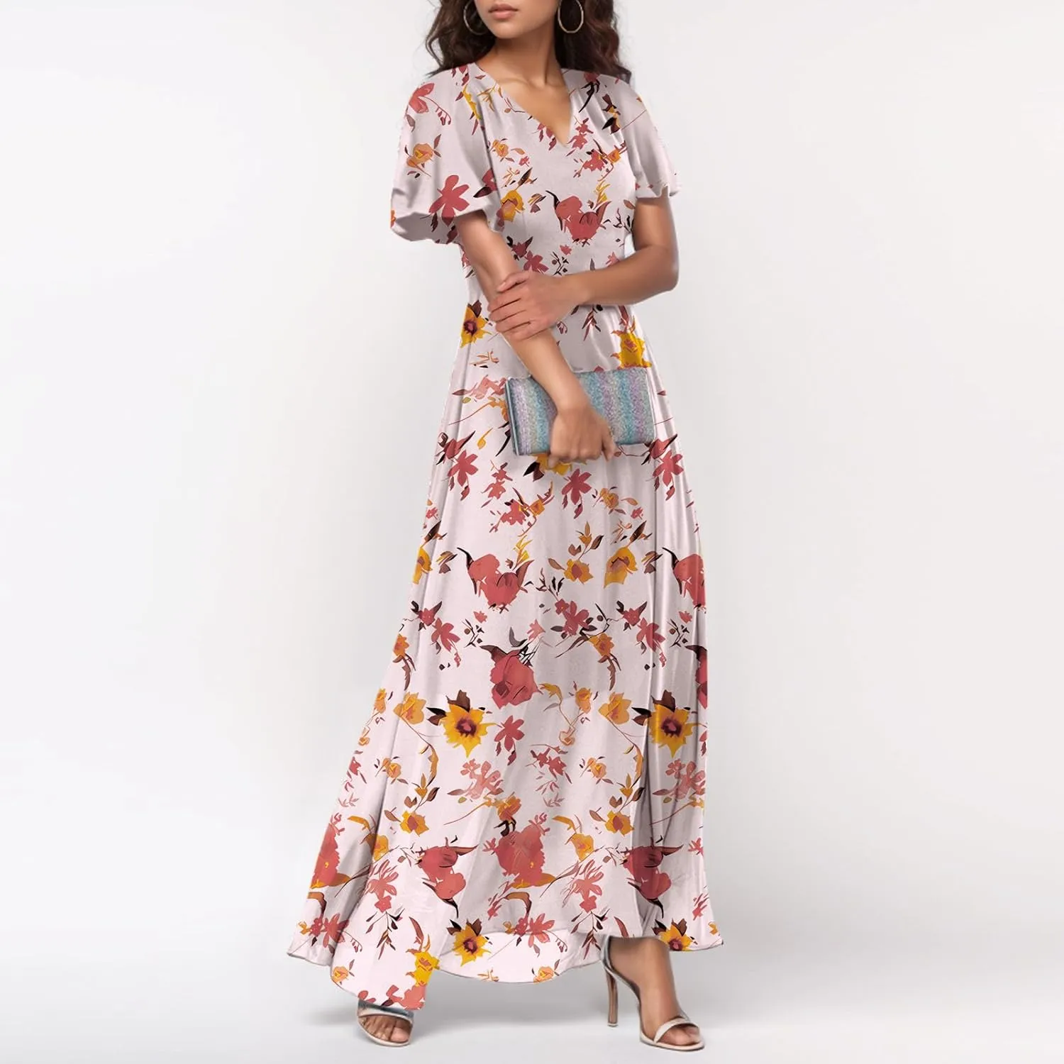 Women's Flowy Floral Print Chiffon Dress - Green, Plus Size Bohemian Dresses, Midi Length, Spring/Summer