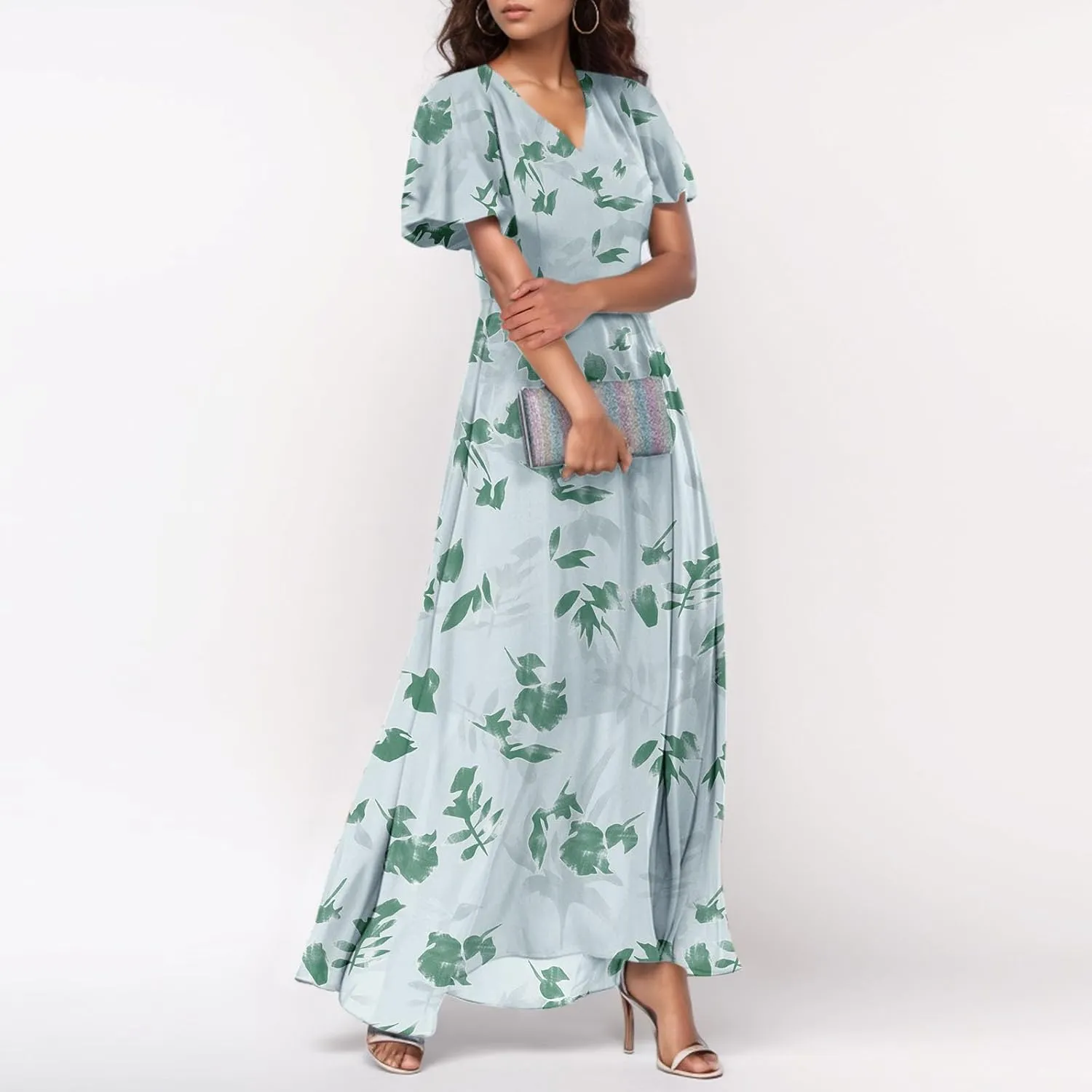 Women's Flowy Floral Print Chiffon Dress - Green, Plus Size Bohemian Dresses, Midi Length, Spring/Summer