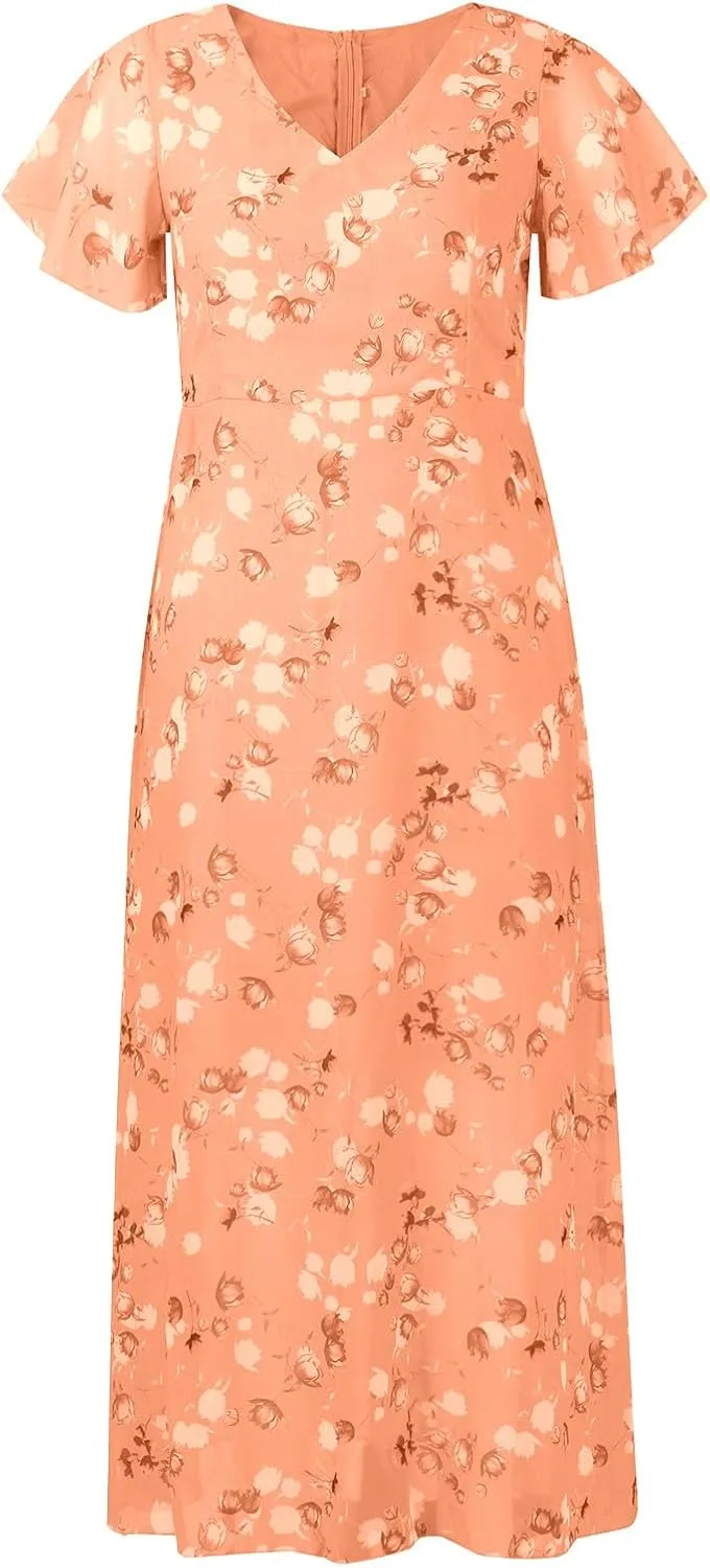 Women's Flowy Floral Print Chiffon Dress - Green, Plus Size Bohemian Dresses, Midi Length, Spring/Summer
