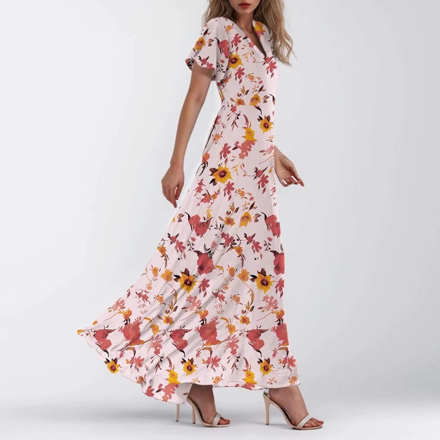 Women's Flowy Floral Print Chiffon Dress - Green, Plus Size Bohemian Dresses, Midi Length, Spring/Summer