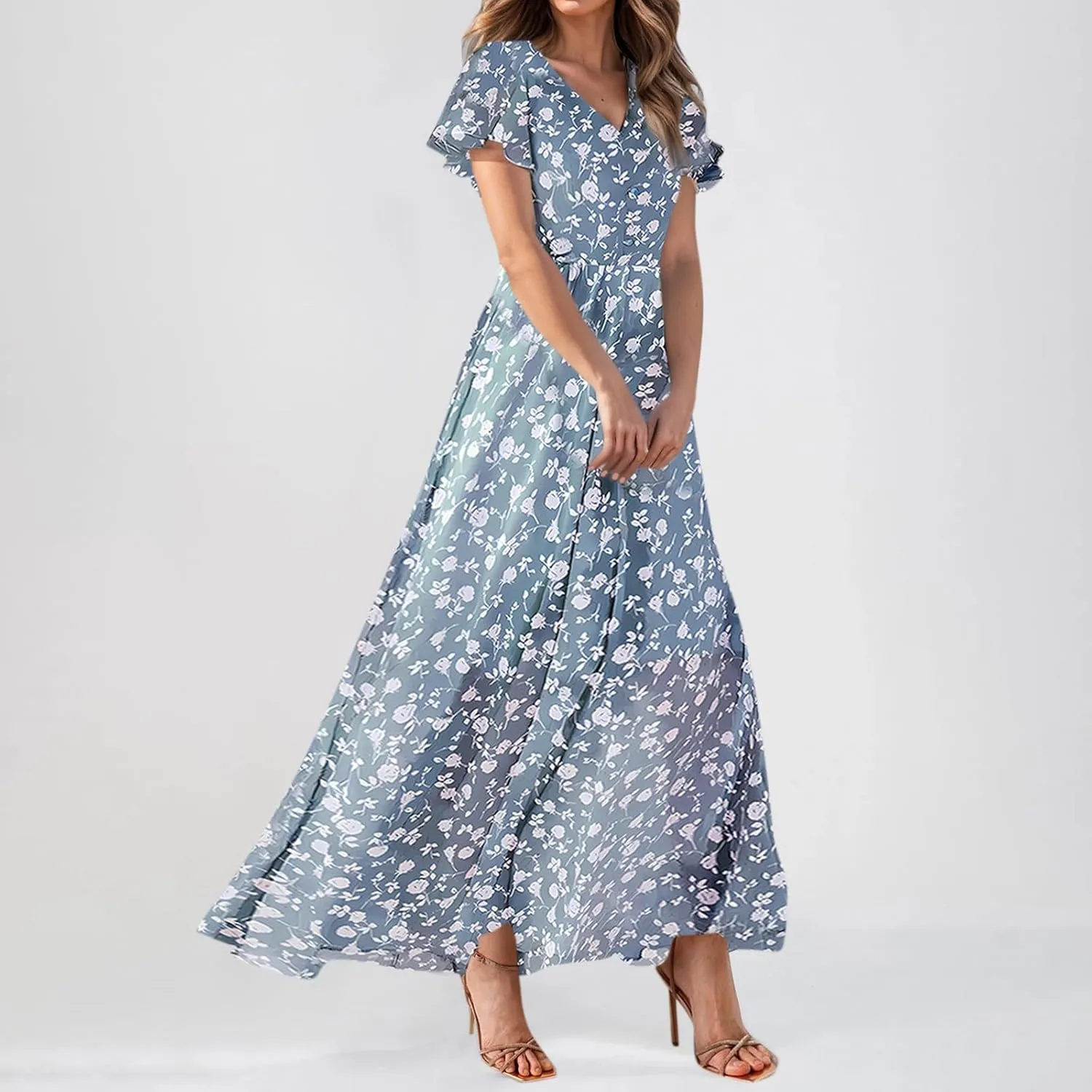 Women's Flowy Floral Print Chiffon Dress - Green, Plus Size Bohemian Dresses, Midi Length, Spring/Summer