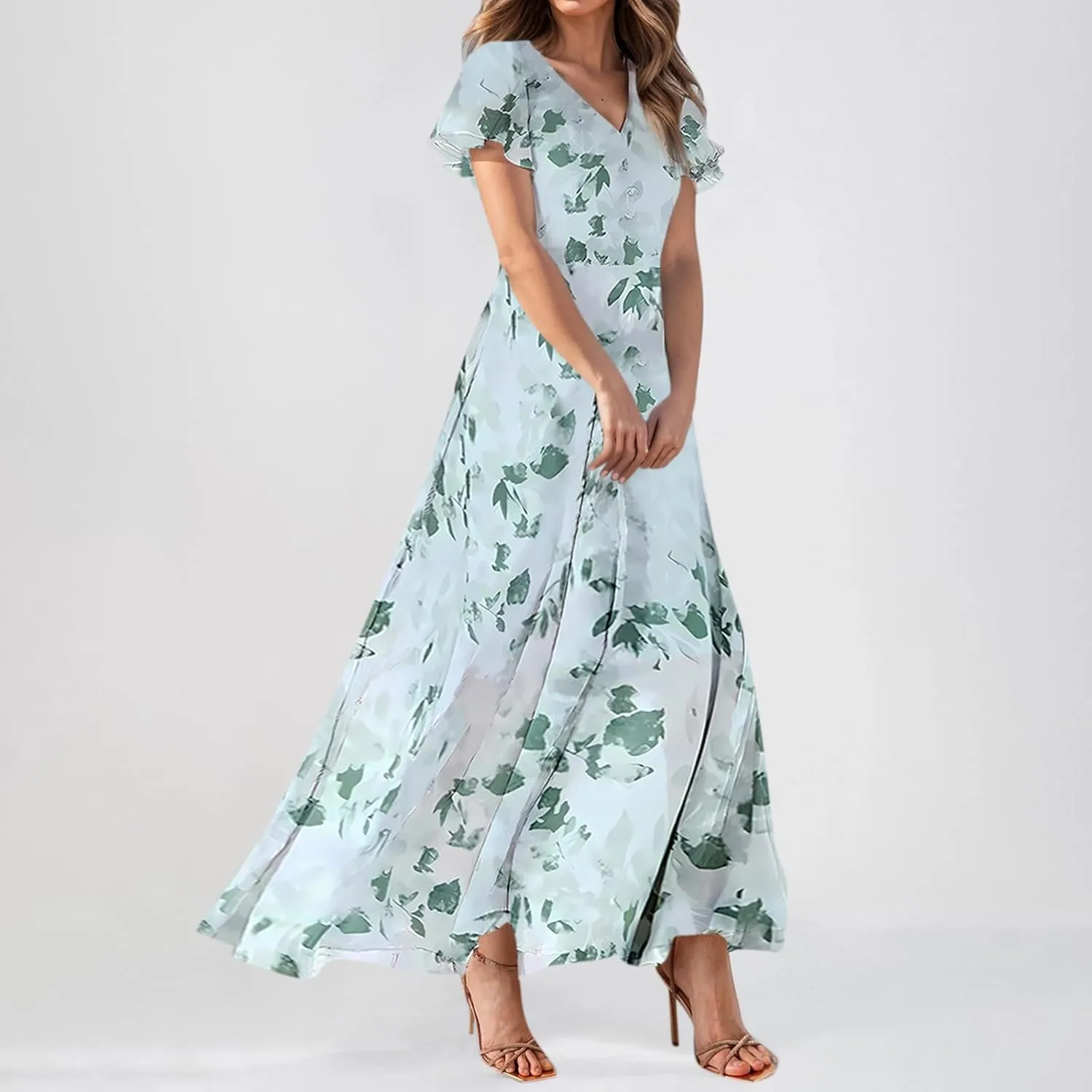 Women's Flowy Floral Print Chiffon Dress - Green, Plus Size Bohemian Dresses, Midi Length, Spring/Summer