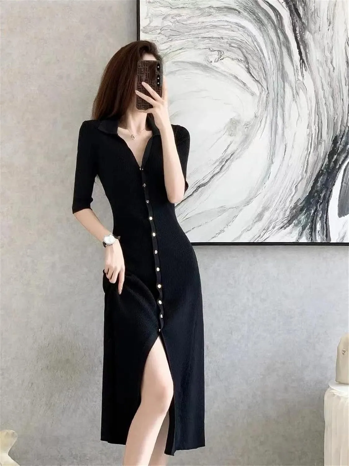 Women's French Black Knit Dress - Lapel Collar Slim A-Line Party