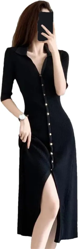 Women's French Black Knit Dress - Lapel Collar Slim A-Line Party