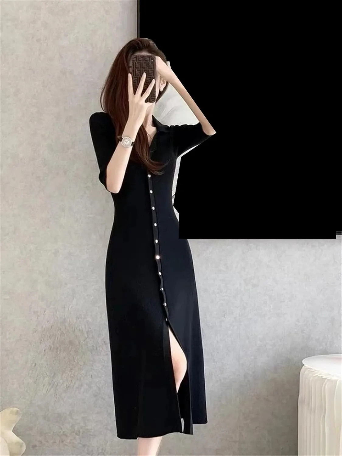 Women's French Black Knit Dress - Lapel Collar Slim A-Line Party