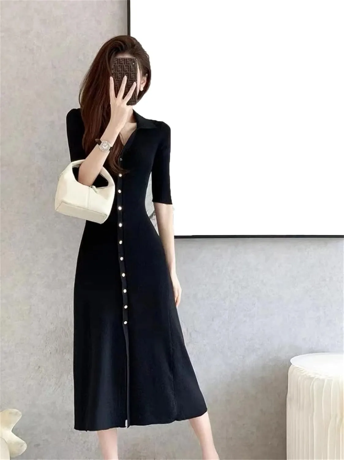 Women's French Black Knit Dress - Lapel Collar Slim A-Line Party