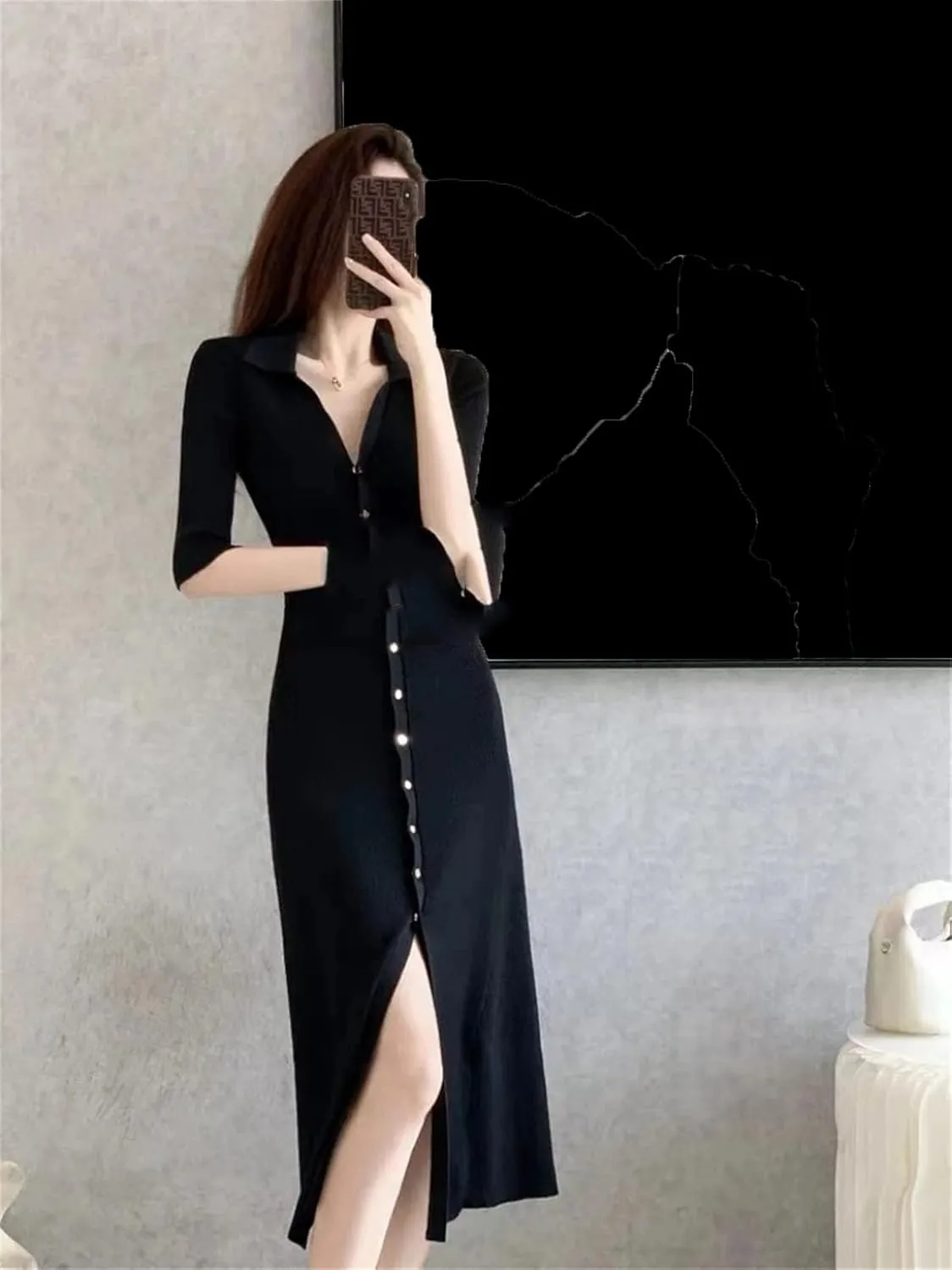 Women's French Black Knit Dress - Lapel Collar Slim A-Line Party