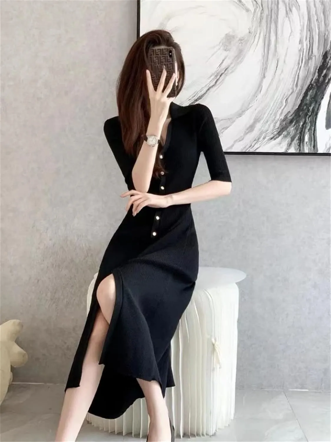 Women's French Black Knit Dress - Lapel Collar Slim A-Line Party