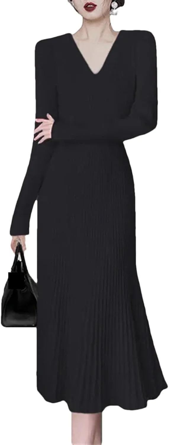 Women's French Red Knitted Mid Length Dress - V-Neck Long Sleeve Slim A-Line