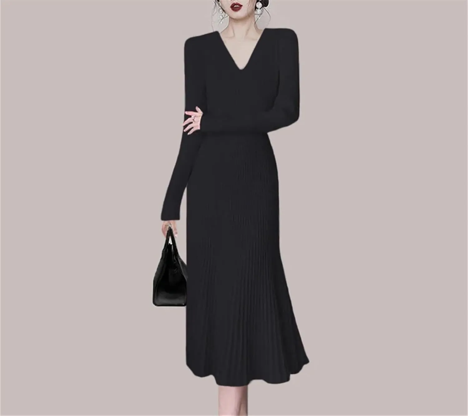 Women's French Red Knitted Mid Length Dress - V-Neck Long Sleeve Slim A-Line