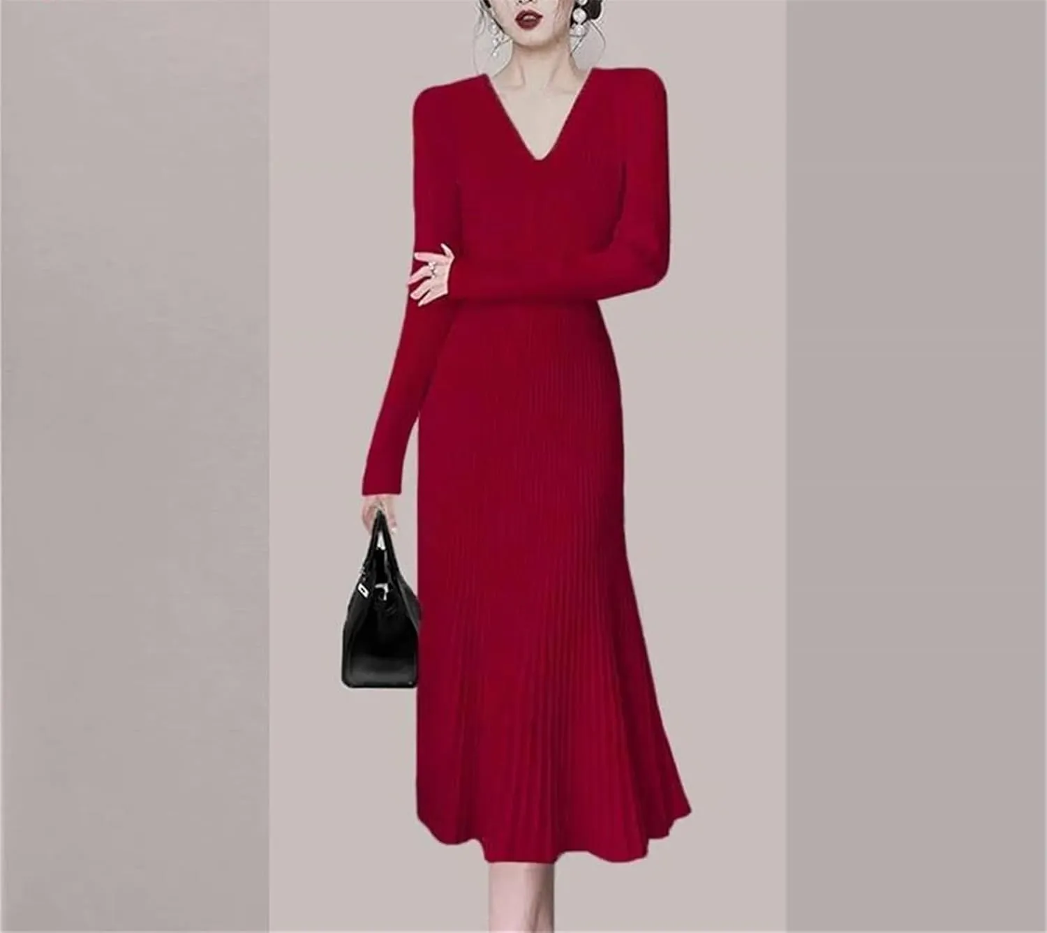 Women's French Red Knitted Mid Length Dress - V-Neck Long Sleeve Slim A-Line