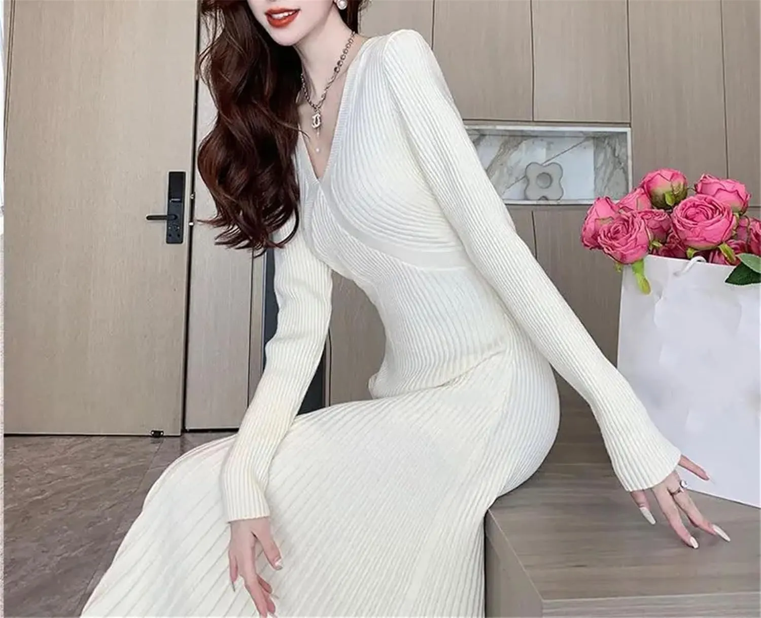 Women's French Red Knitted Mid Length Dress - V-Neck Long Sleeve Slim A-Line