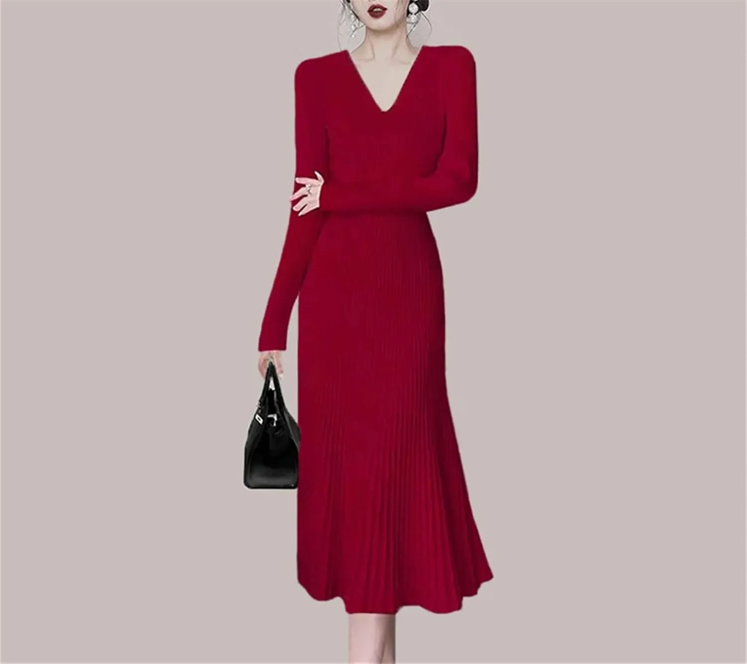 Women's French Red Knitted Mid Length Dress - V-Neck Long Sleeve Slim A-Line