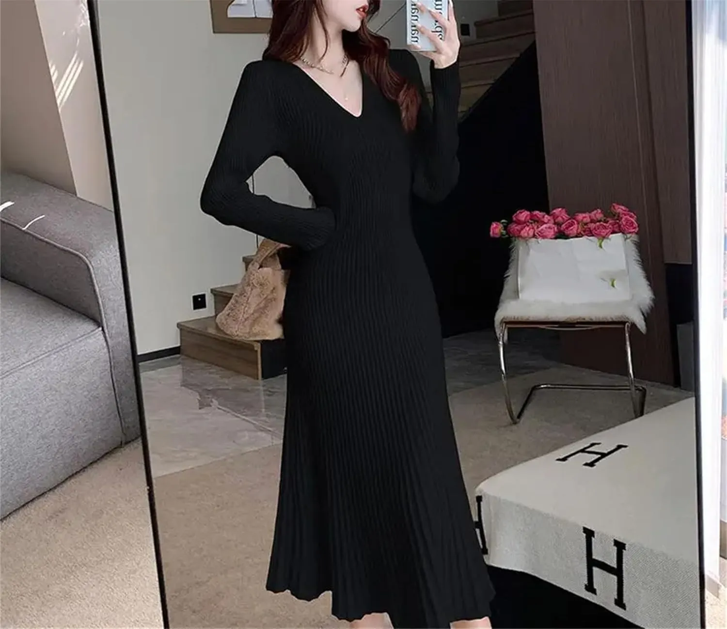 Women's French Red Knitted Mid Length Dress - V-Neck Long Sleeve Slim A-Line