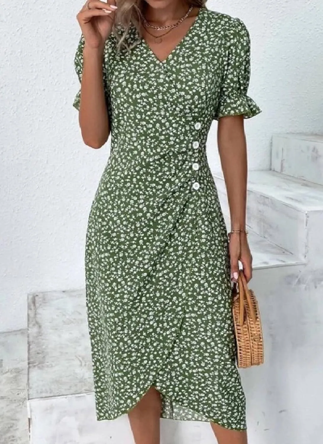 Women's Green Button Front Dress Lightweight V Neck Short Sleeve Midi Dress 2025 Floral Print Cocktail Party Dress