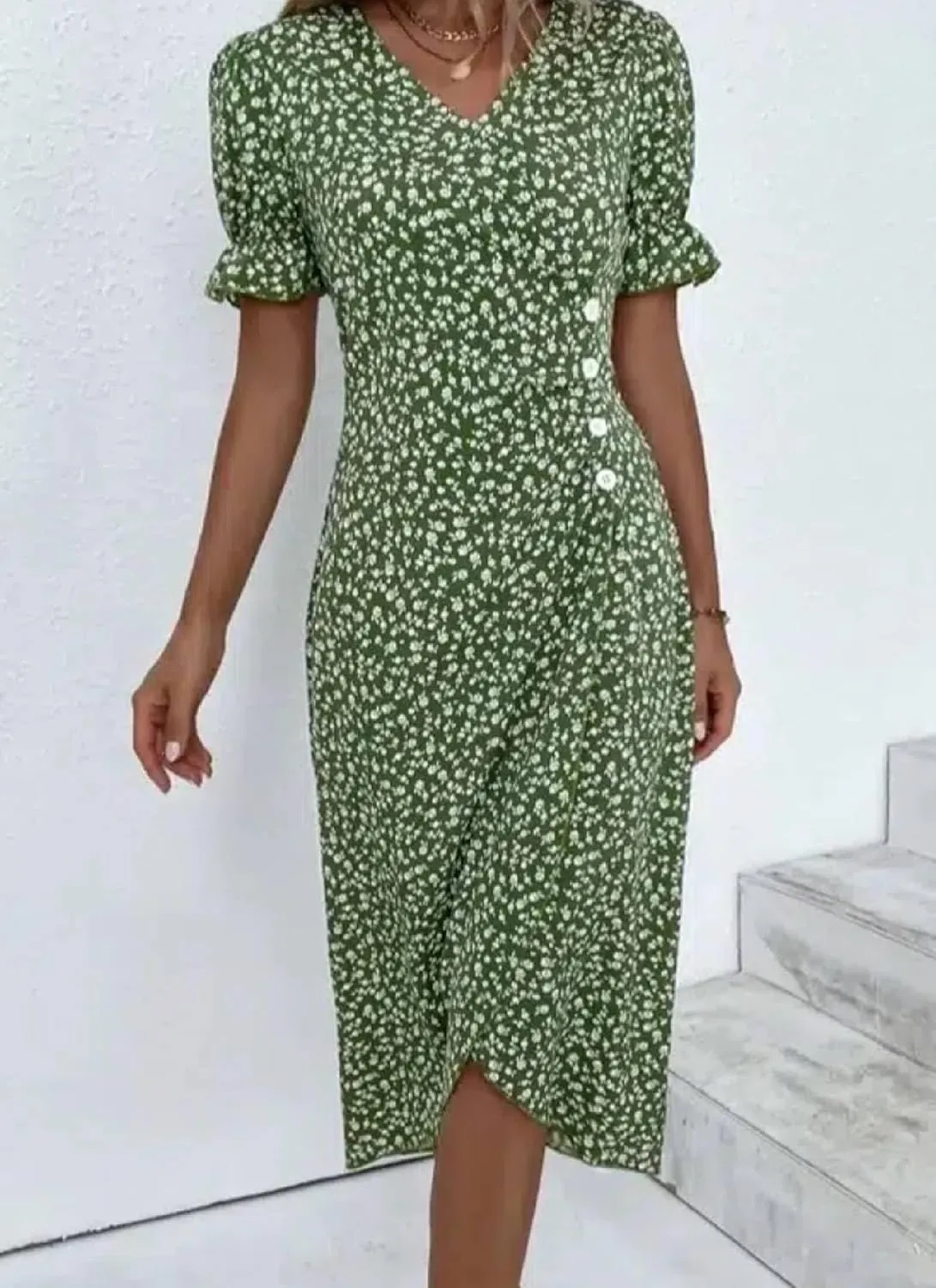 Women's Green Button Front Dress Lightweight V Neck Short Sleeve Midi Dress 2025 Floral Print Cocktail Party Dress