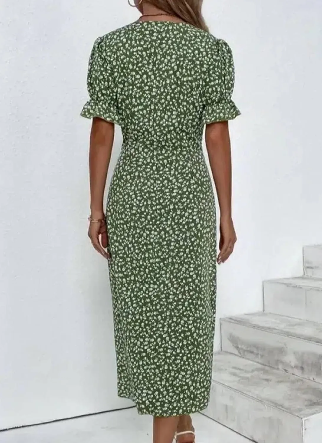 Women's Green Button Front Dress Lightweight V Neck Short Sleeve Midi Dress 2025 Floral Print Cocktail Party Dress