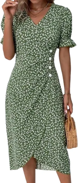 Women's Green Button Front Dress Lightweight V Neck Short Sleeve Midi Dress 2025 Floral Print Cocktail Party Dress