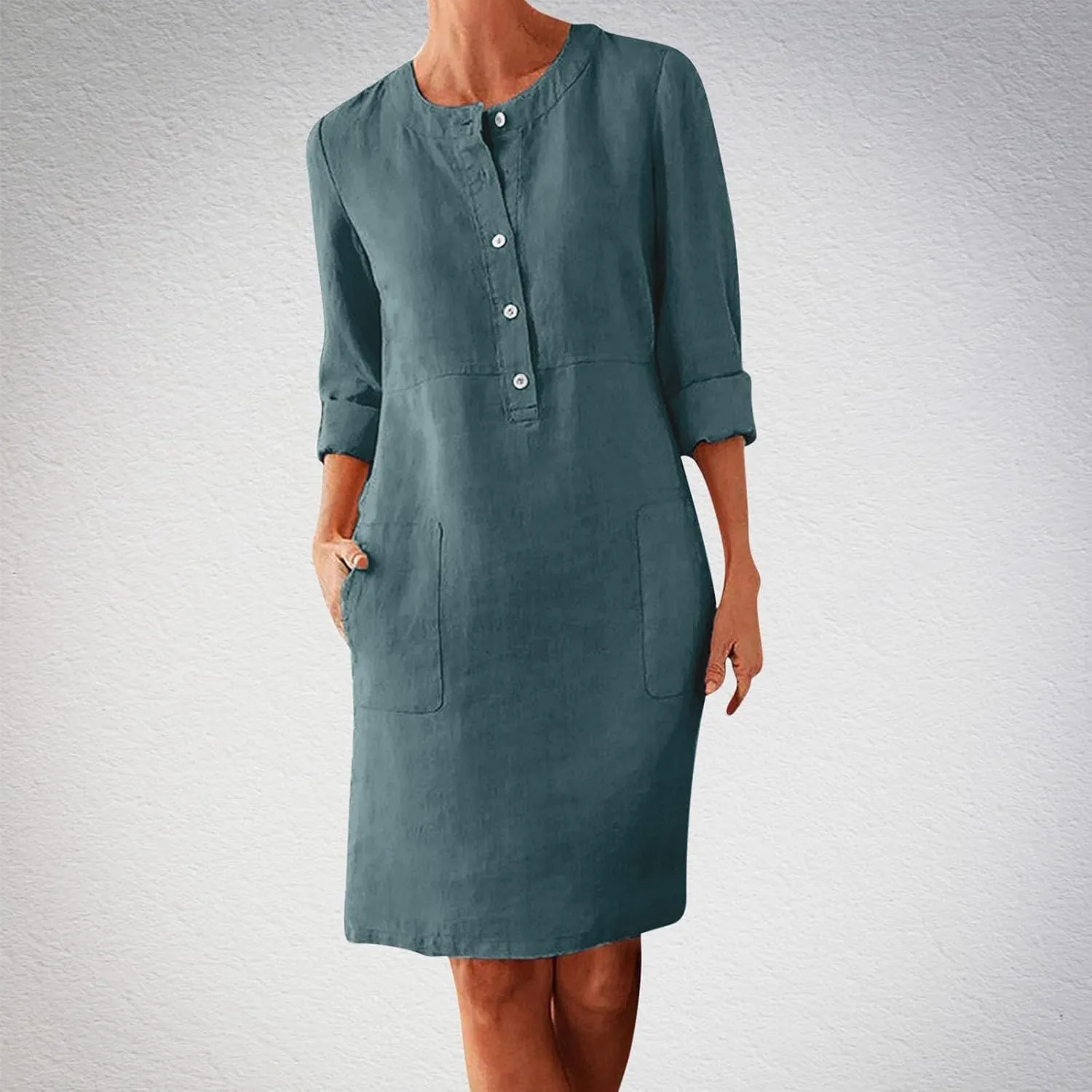 Women's Half Button Down Cotton Linen Dress Long Sleeve Fall Casual Crewneck Knee-Length Dresses with Pockets