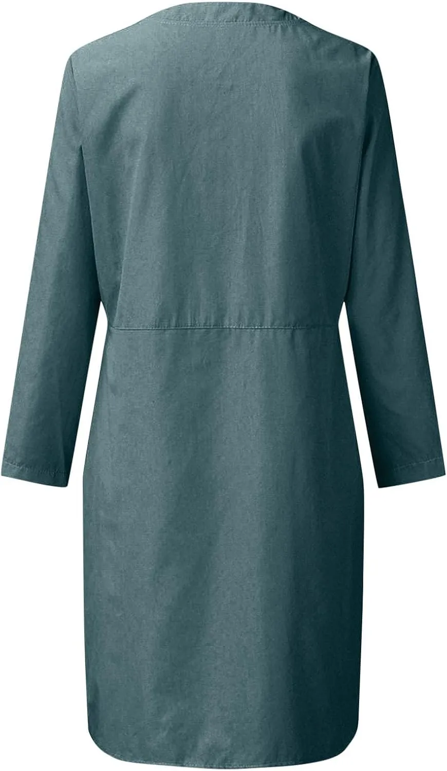 Women's Half Button Down Cotton Linen Dress Long Sleeve Fall Casual Crewneck Knee-Length Dresses with Pockets