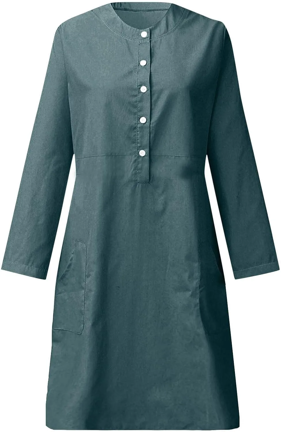Women's Half Button Down Cotton Linen Dress Long Sleeve Fall Casual Crewneck Knee-Length Dresses with Pockets