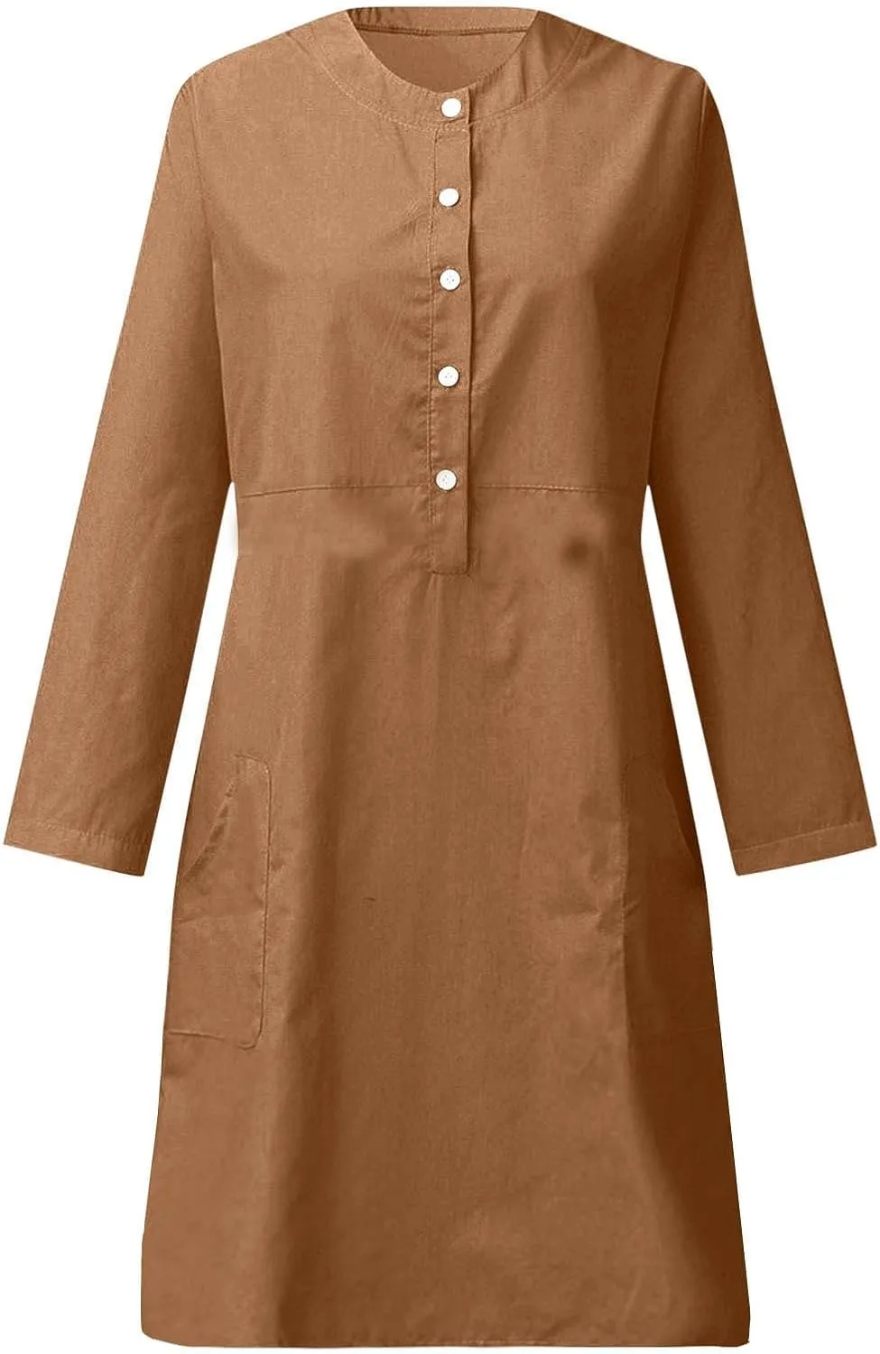Women's Half Button Down Cotton Linen Dress Long Sleeve Fall Casual Crewneck Knee-Length Dresses with Pockets