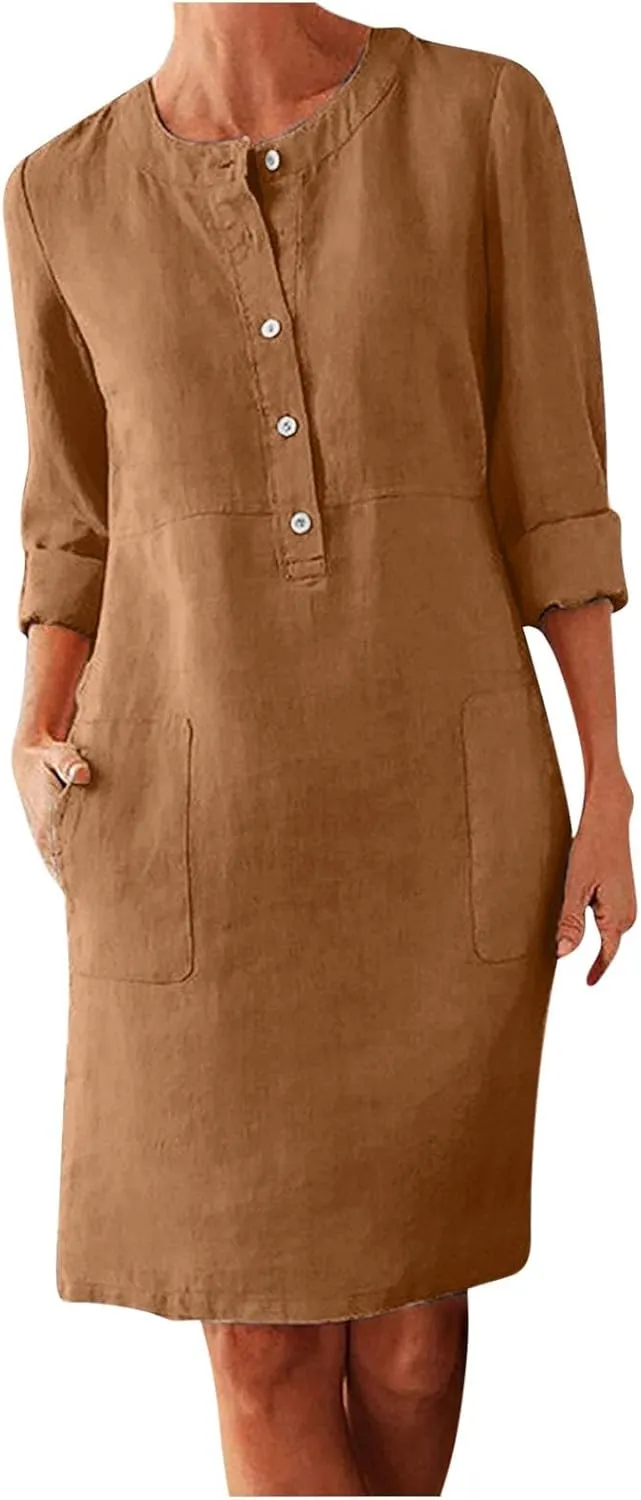 Women's Half Button Down Cotton Linen Dress Long Sleeve Fall Casual Crewneck Knee-Length Dresses with Pockets