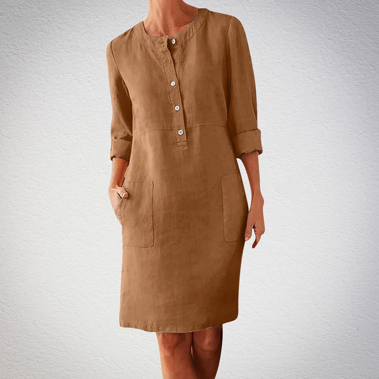 Women's Half Button Down Cotton Linen Dress Long Sleeve Fall Casual Crewneck Knee-Length Dresses with Pockets