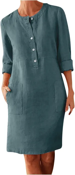 Women's Half Button Down Cotton Linen Dress Long Sleeve Fall Casual Crewneck Knee-Length Dresses with Pockets