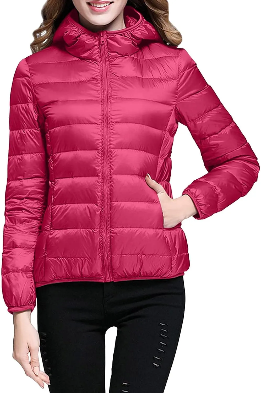 Women's Hooded Packable Puffer Jackets Winter Lightweight Warm Down Coats Trendy Slim Fit Windproof Duck Down Outwear