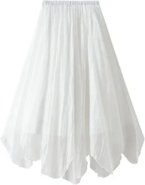 Women's Irregular Hem Gauze Midi Skirt - Medium Length A-Line Pleated Skirt with Wave Hem Office Wear