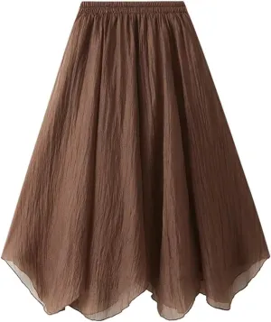 Women's Irregular Hem Gauze Midi Skirt - Medium Length A-Line Pleated Skirt with Wave Hem Office Wear