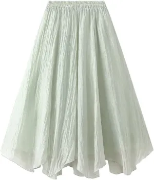 Women's Irregular Hem Gauze Midi Skirt - Medium Length A-Line Pleated Skirt with Wave Hem Office Wear