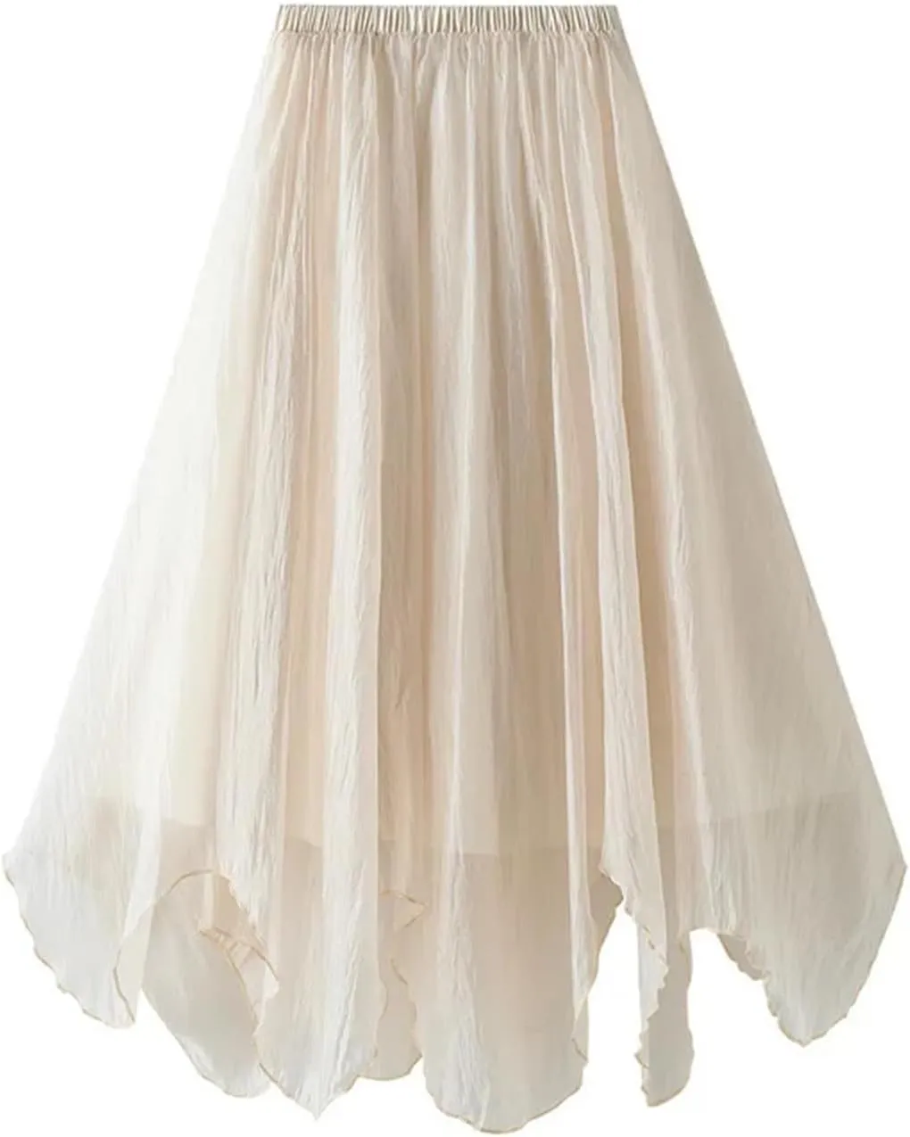 Women's Irregular Hem Gauze Midi Skirt - Medium Length A-Line Pleated Skirt with Wave Hem Office Wear
