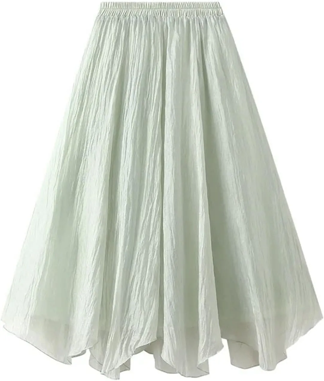 Women's Irregular Hem Gauze Midi Skirt - Medium Length A-Line Pleated Skirt with Wave Hem Office Wear
