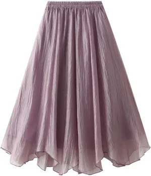 Women's Irregular Hem Gauze Midi Skirt - Medium Length A-Line Pleated Skirt with Wave Hem Office Wear