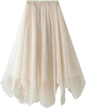 Women's Irregular Hem Gauze Midi Skirt - Medium Length A-Line Pleated Skirt with Wave Hem Office Wear