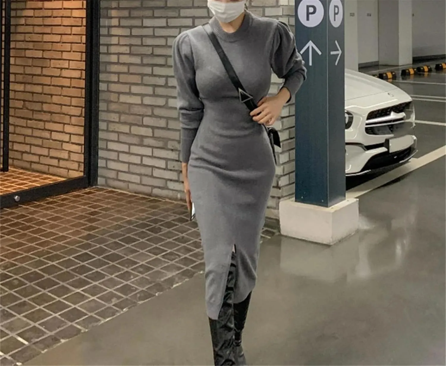 Women's Knit Midi Dress - Pink Bodycon O-Neck Long Sleeve Slim