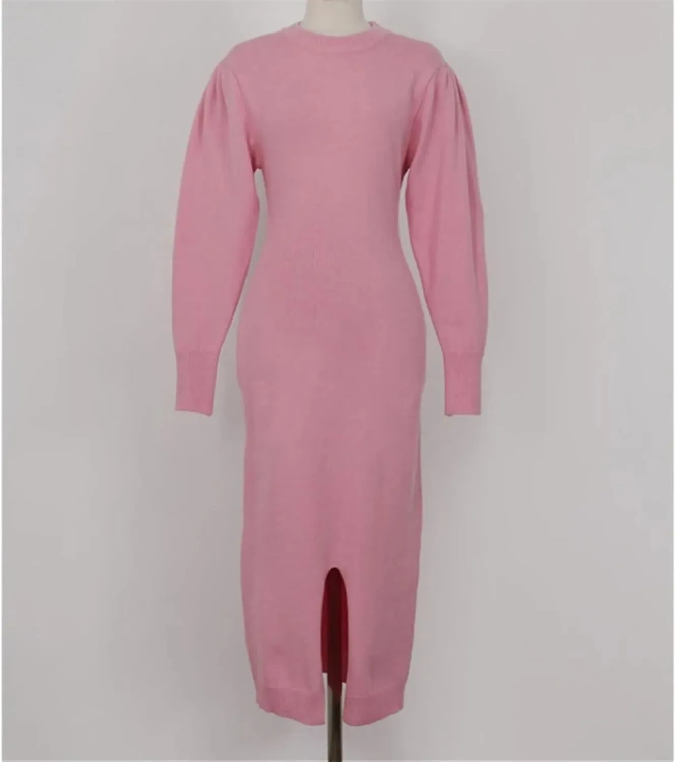 Women's Knit Midi Dress - Pink Bodycon O-Neck Long Sleeve Slim