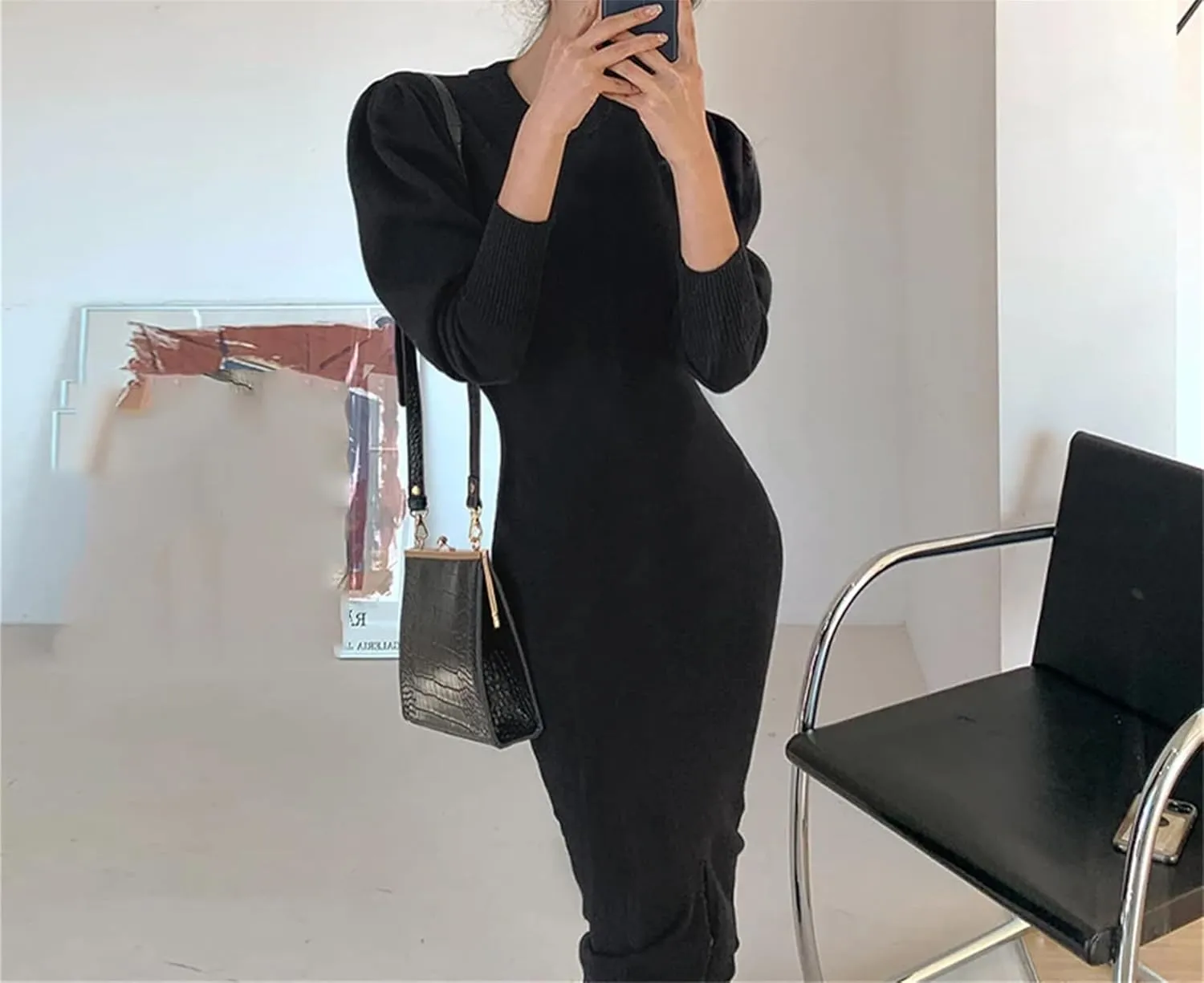 Women's Knit Midi Dress - Pink Bodycon O-Neck Long Sleeve Slim