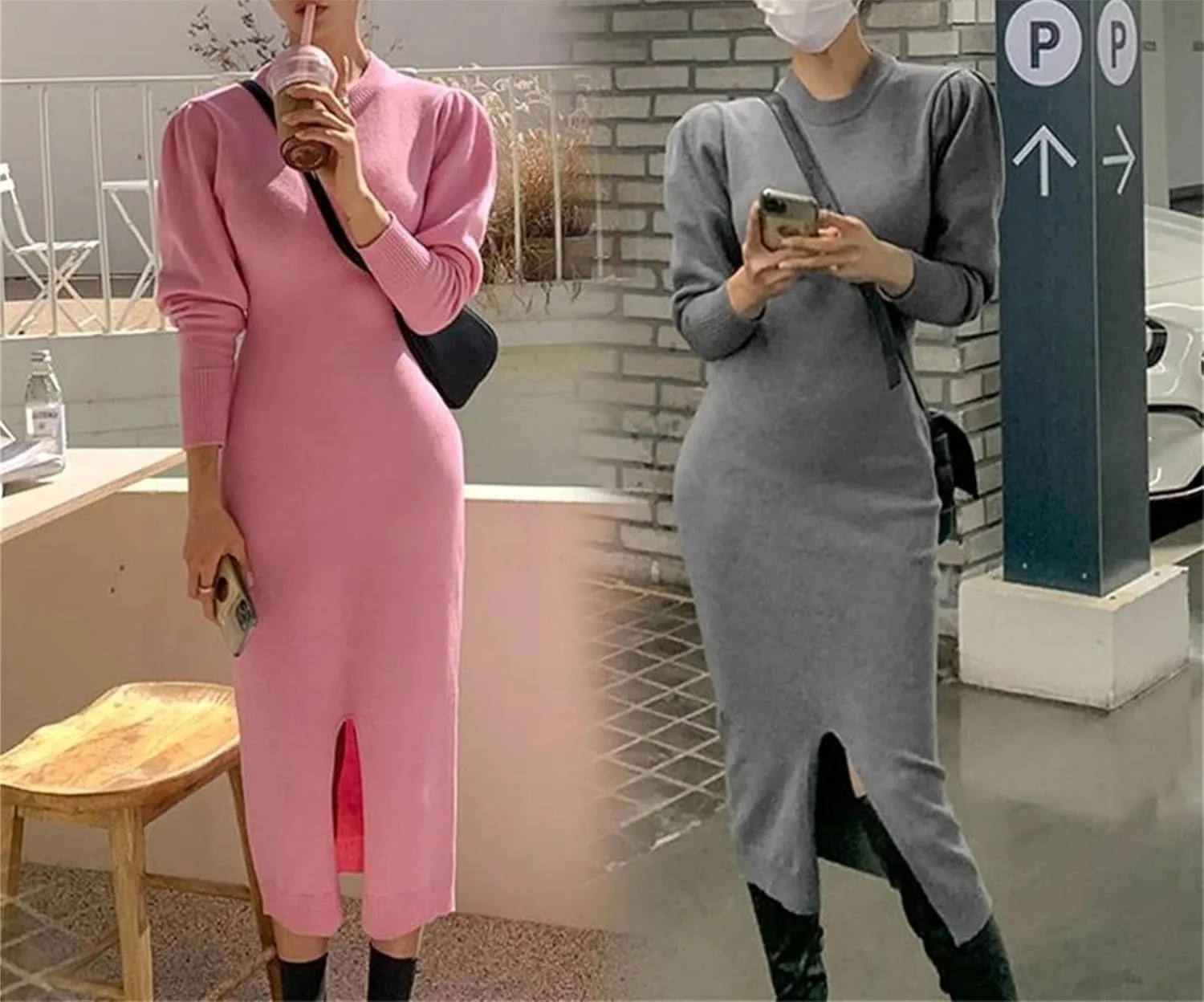 Women's Knit Midi Dress - Pink Bodycon O-Neck Long Sleeve Slim