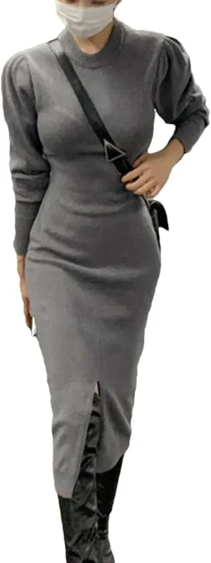 Women's Knit Midi Dress - Pink Bodycon O-Neck Long Sleeve Slim